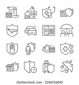 Insurance icons set. Life and property insurance. Insurance case, financial protection, property and health insurance, linear icon collection. Line with editable stroke