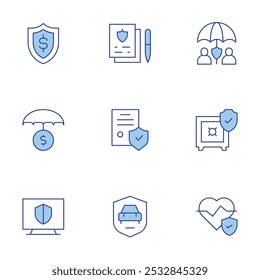 Ícones de seguro definidos. Linha Duotone estilo, curso editável. seguro de investimento, seguro, apólice, seguro de saúde, cofre.