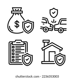 Insurance Icons Set = money bag, car insurance, clipboard, home shield. Perfect for website mobile app, app icons, presentation, illustration and any other projects.