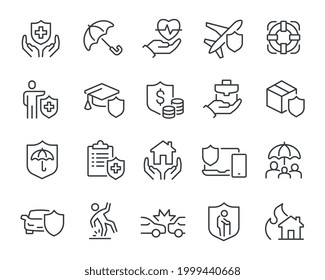 Insurance Icons Set. Such as Health Insurance, Property Insurance and Financial Risk and others. Editable vector stroke.
