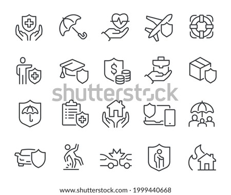 Insurance Icons Set. Such as Health Insurance, Property Insurance and Financial Risk and others. Editable vector stroke.