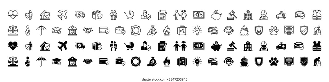 Insurance icons set in thin line and flat style. Insurance icon collection with editable stroke. Home, health, family, document, money, agreement, business, safety, property, accident and other.