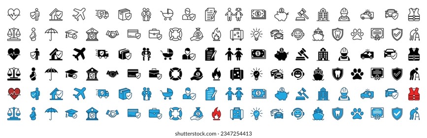 Insurance icons set in thin line, flat, colors style. Insurance icon collection with editable stroke. Home, health, family, document, money, agreement, business, safety, property, accident and other.