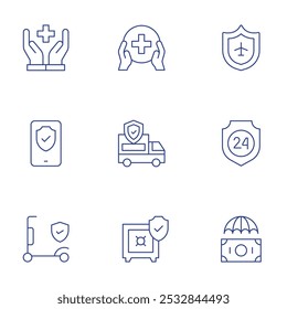 Insurance icons set. Thin Line style, editable stroke. safe box, insurance, smartphone, van, healthcare, security, umbrella, travel insurance.