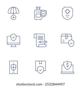 Ícones de seguro definidos. Estilo de linha fina, curso editável. seguro de vida, bagagem, seguro médico, monitor, notas, pacote, telefone, proteção.