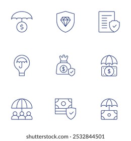 Insurance icons set. Thin Line style, editable stroke. investment insurance, jewelry, mitigation, money bag, protection, legal document, money.