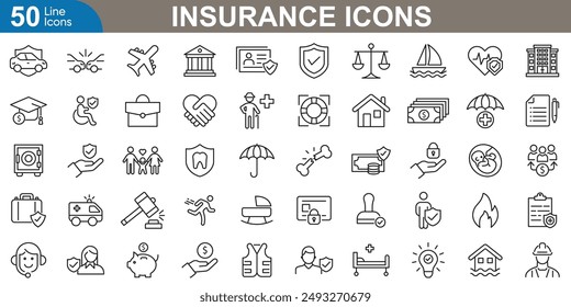 Insurance icons set vector illustration. Health insurance, car, home, life, travel, business, pet, dental, repair, and retirement insurance.