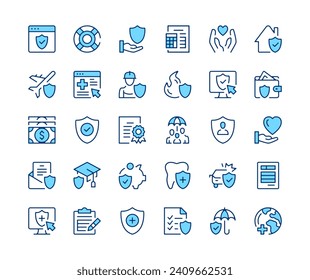 Insurance icons set. Vector line icons. Blue color outline stroke symbols. Modern concepts