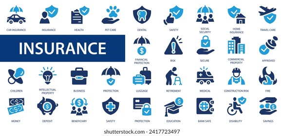 Insurance icons set. Vehicle, health insurance, beneficiary, repair, coffin, glasses and more. Flat icons collection.