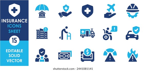 Insurance icons set. Vehicle, health insurance, beneficiary, repair and so on. Flat insurance related vector icons.