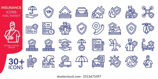 Insurance icons set. Vehicle, health insurance, beneficiary, repair, coffin, glasses and more. Flat icons collection.
