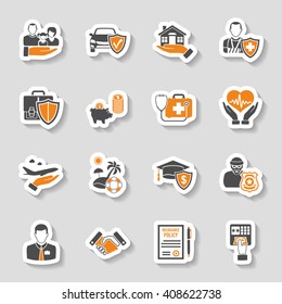 Insurance Icons Sticker Set for Poster, Web Site, Advertising like House, Car, Medical and Business .