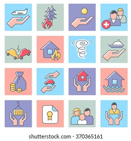 Iconos de seguros, diseño plano de línea delgada