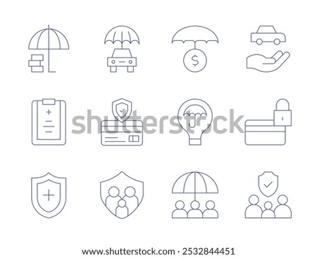 Insurance icons. Thin Line style, editable stroke. car, credit card, family insurance, family, investment insurance, medical report, mitigation, protection.
