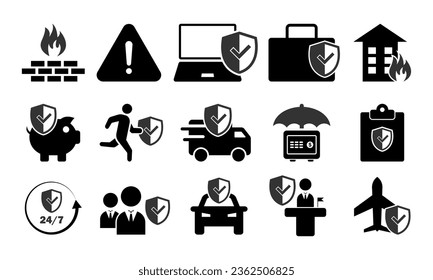 Insurance icons - vector icons of different types insurance and warranty. Property, house, medical, travel, funds insurances.