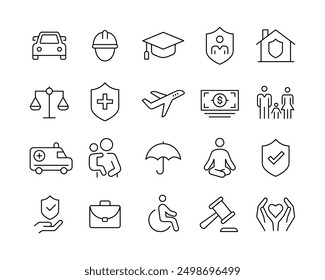 Iconos de seguros - Línea de Vector. Trazo Editable.