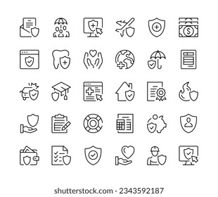 Insurance icons. Vector line icons set. Black outline stroke symbols