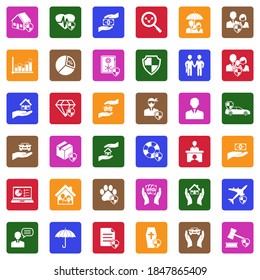 Insurance Icons. White Flat Collection In Square. Vector Illustration.