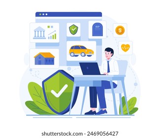 Insurance Illustration Concept With a Man Sitting at a Table With His List of Insurance Policies