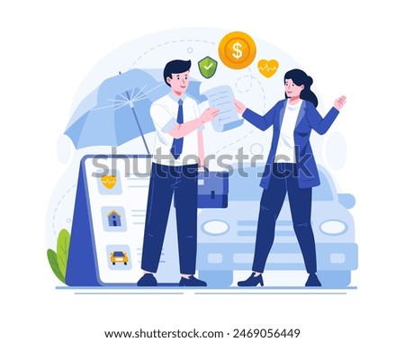 Insurance Illustration Concept. A Young Woman Makes a Deal with a Male Insurance Agent by Holding an Insurance Policy