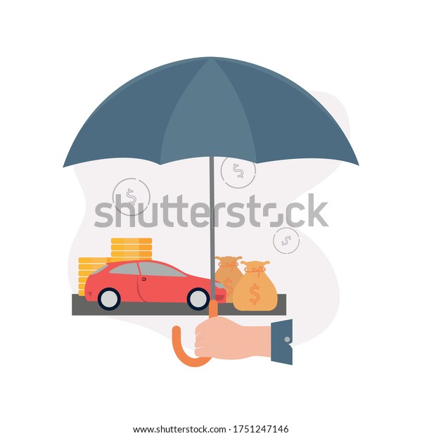 Insurance. Illustration of a hand holds an umbrella\
under which a machine, stacks of coins, a money bag, on the\
background of dollar\
signs