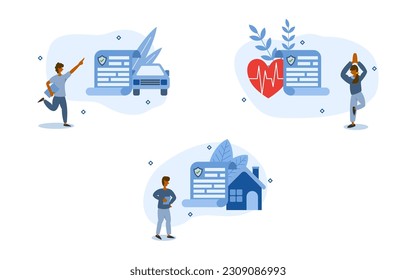 insurance illustration set. characters presenting car, house, and life insurance policies with risk coverage. insured person with property concept. vector illustration.