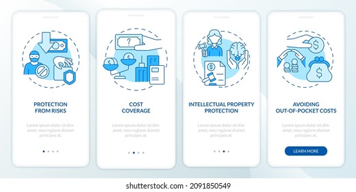 Insurance importance blue onboarding mobile app screen. Coverage walkthrough 4 steps graphic instructions pages with linear concepts. UI, UX, GUI template. Myriad Pro-Bold, Regular fonts used
