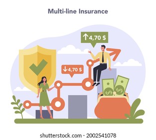 Insurance industry sector of the economy. Multi-line insurance. Protection of life and property from damage service. Health and casualty risk cover. Flat vector illustration