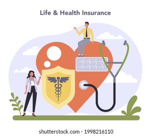 Insurance Industry Sector Of The Economy. Protection Of Life And Property From Damage Service. Health And Casualty Risk Cover. Flat Vector Illustration