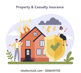 Insurance industry sector of the economy. Protection of life and property from damage service. Health and casualty risk cover. Flat vector illustration