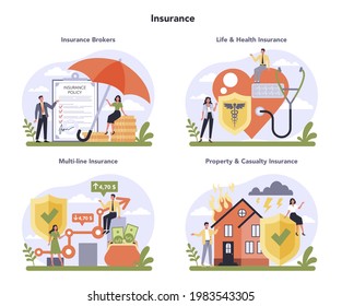 Insurance industry sector of the economy set. Protection of life and property from damage service. Health and casualty risk cover. Flat vector illustration