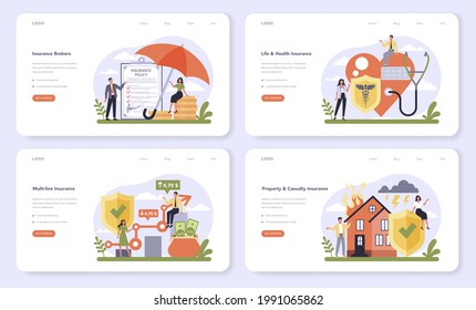 Insurance Industry Sector Of The Economy Web Banner Or Landing Page Set. Protection Of Life And Property From Damage Service. Health And Casualty Risk Cover. Flat Vector Illustration