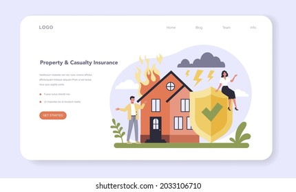 Insurance industry sector of the economy web banner or landing page. Protection of life and property from damage service. Health and casualty risk cover. Flat vector illustration