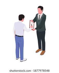 Agente isométrico de seguros con contrato sobre ilustración vectorial de fondo en blanco