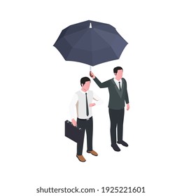 Insurance isometric composition with characters of businessman with guard holding umbrella vector illustration