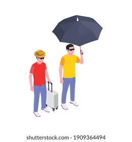 Insurance isometric composition with characters of tourists with suitcase holding umbrella vector illustration