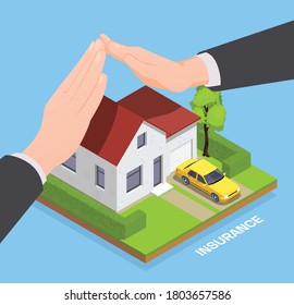 Insurance isometric composition with image of private house with agents hands protecting property with editable text vector illustration