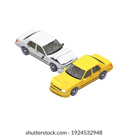 Insurance isometric composition with isolated images of two crashed cars on blank background vector illustration