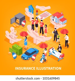 Insurance isometric vector illustration with medical services banking security property and transport protection elements
