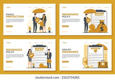 Insurance landing page template set Family protection Insurance policy health life insurance umbrella and money bag vector illustration