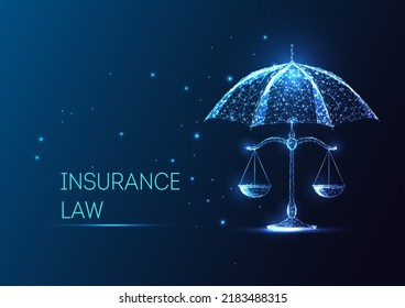 Insurance law, justice protection concept with umbrella covering scales in futuristic style on blue