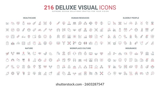 Insurance of life and property, focus on human resources line icon set. Weight control and health check in hospital, retirement and elderly thin black and red outline symbols vector illustration
