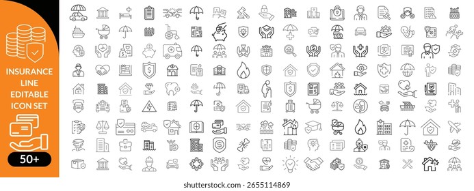 Conjunto de iconos editables de línea de seguro. Contiene iconos relacionados con el seguro, la protección, el cuidado, la seguridad, la garantía y más. Trazo editable. Conjunto de iconos grandes de Ilustración vectorial