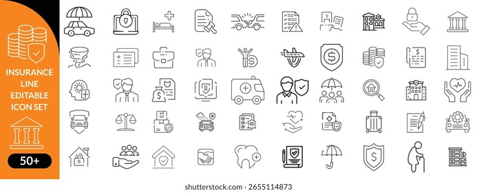 Conjunto de iconos editables de línea de seguro. Contiene iconos relacionados con el seguro, la protección, el cuidado, la seguridad, la garantía y más. Trazo editable. Conjunto de iconos grandes de Ilustración vectorial