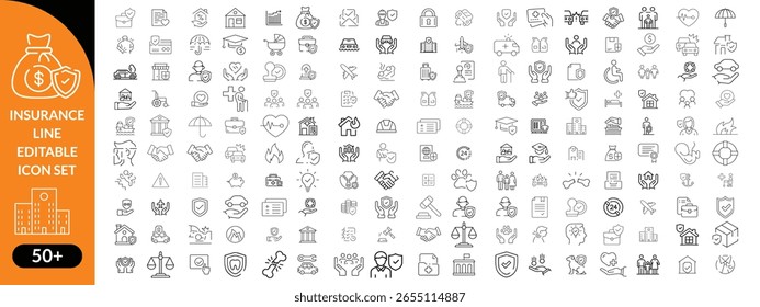 Insurance line editable icon set. Contain icons related to Insurance, protection, care, safety, assurance, and more. Editable stroke. Vector illustration big icon set