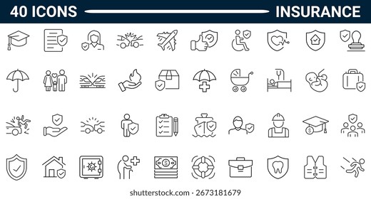 Insurance line editable icon set. Contain icons related to Insurance, protection, care, safety, assurance, and more. Editable stroke. Vector illustration