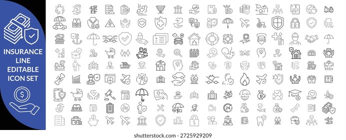 Conjunto de iconos editables de línea de seguro. Contiene iconos relacionados con el seguro, la protección, el cuidado, la seguridad, la garantía y más. Trazo editable. diseño de conjunto de iconos grandes. Ilustración vectorial