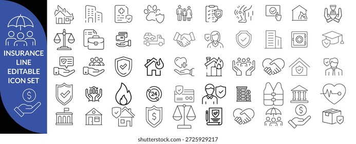 Symbolsatz für bearbeitbare Versicherungsposition. Enthält Symbole für Versicherung, Schutz, Pflege, Sicherheit, Versicherung und mehr. Bearbeitbarer Strich. großes Symbolset-Design .Vektorgrafik