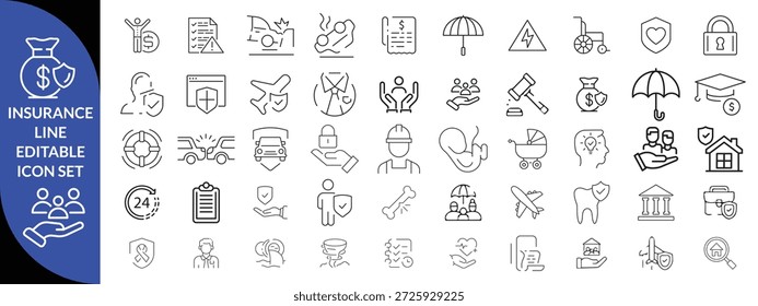 Conjunto de iconos editables de línea de seguro. Contiene iconos relacionados con el seguro, la protección, el cuidado, la seguridad, la garantía y más. Trazo editable. diseño de conjunto de iconos grandes. Ilustración vectorial