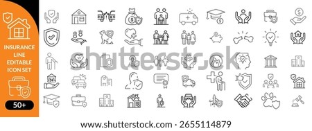 Insurance line editable icon set. Contain icons related to Insurance, protection, care, safety, assurance, and more. Editable stroke. Vector illustration big icon set